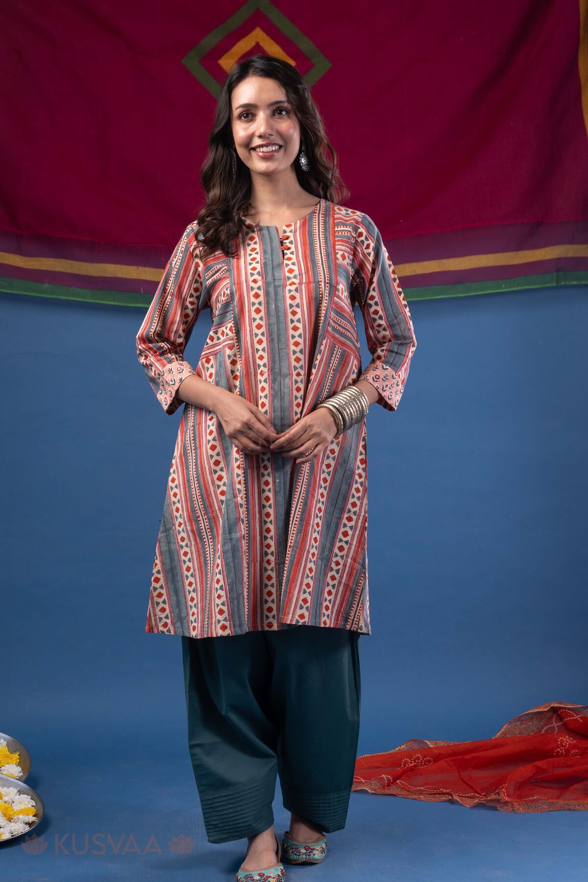 Image for Kusvaa Wkr425 Jivika Handblock A Line Kurta Front