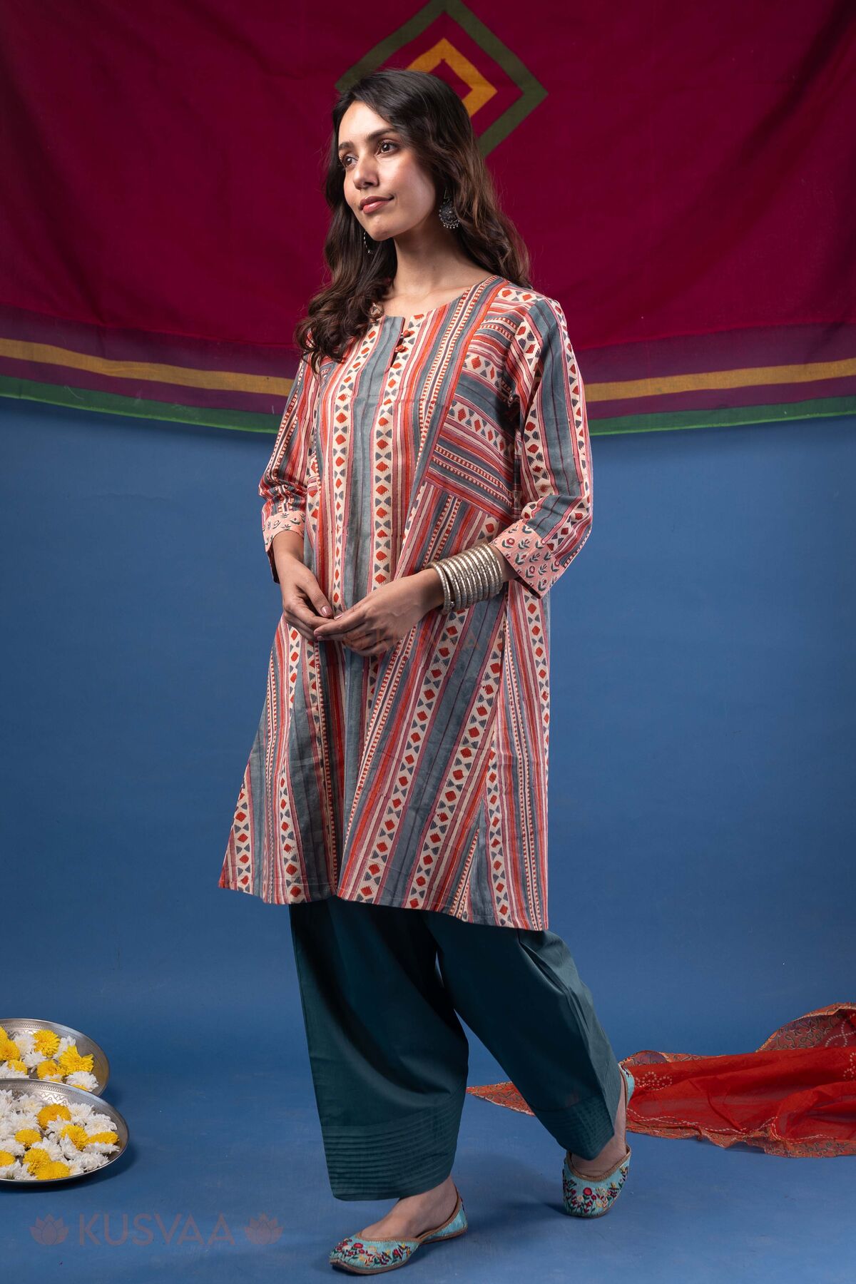 Image for Kusvaa Wkr425 Jivika Handblock A Line Kurta Walking