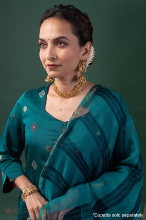 Image for Kusvaa Wkr430 Eshani Chanderi Green Kurta Closeup