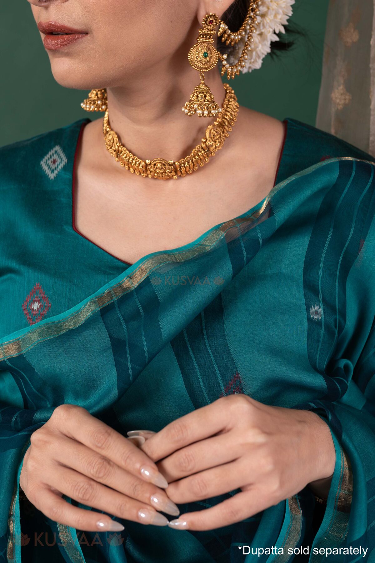 Image for Kusvaa Wkr430 Eshani Chanderi Green Kurta Nack