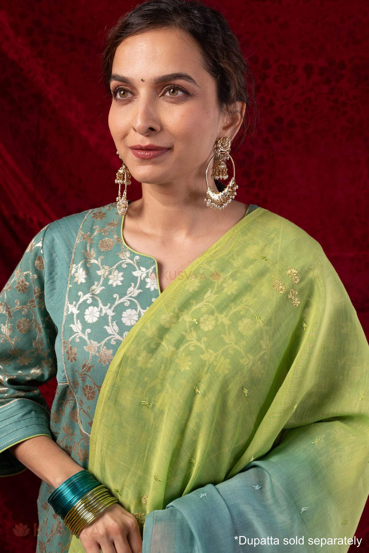 Image for Kusvaa Wkr434 Kashvi Chanderi Green Kurta Detailing