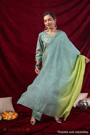 Image for Kusvaa Wkr434 Kashvi Chanderi Green Kurta Dupatta