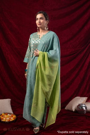 Image for Kusvaa Wkr434 Kashvi Chanderi Green Kurta Full