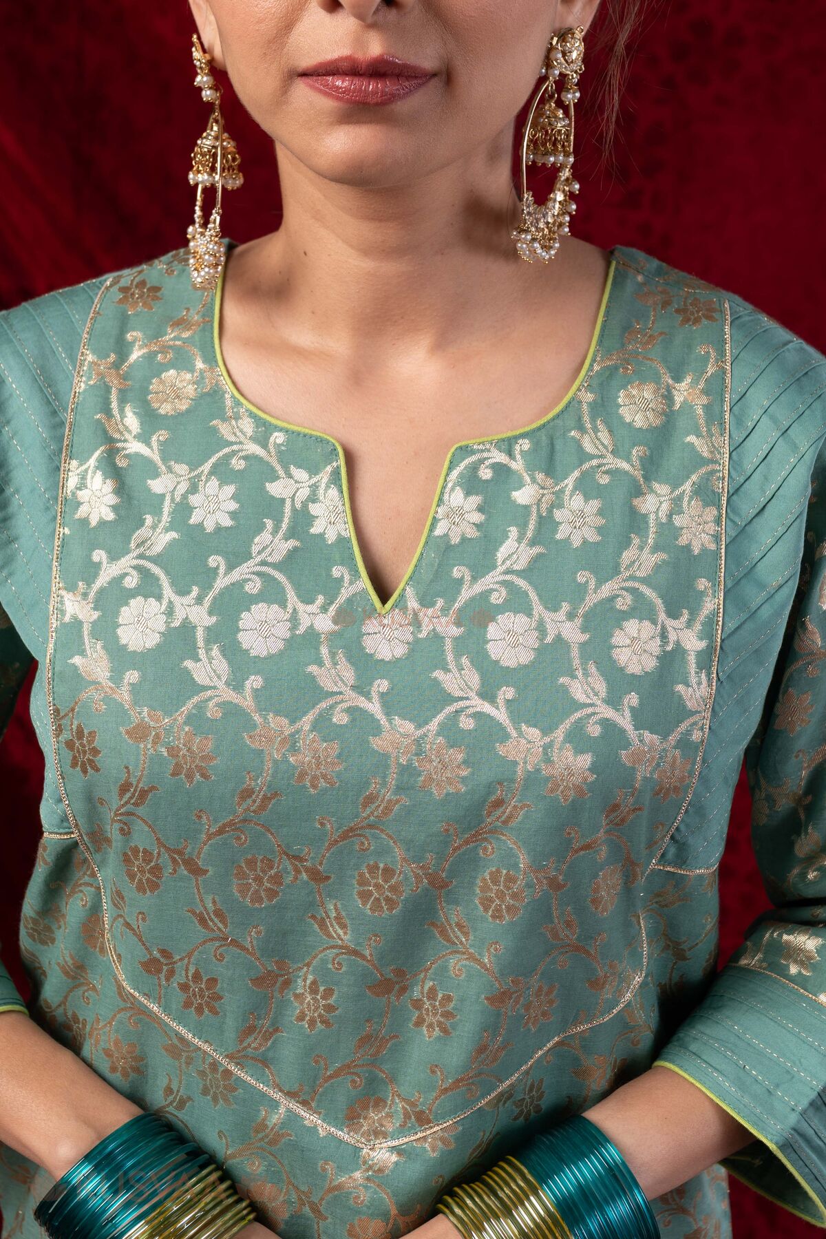 Image for Kusvaa Wkr434 Kashvi Chanderi Green Kurta Nack