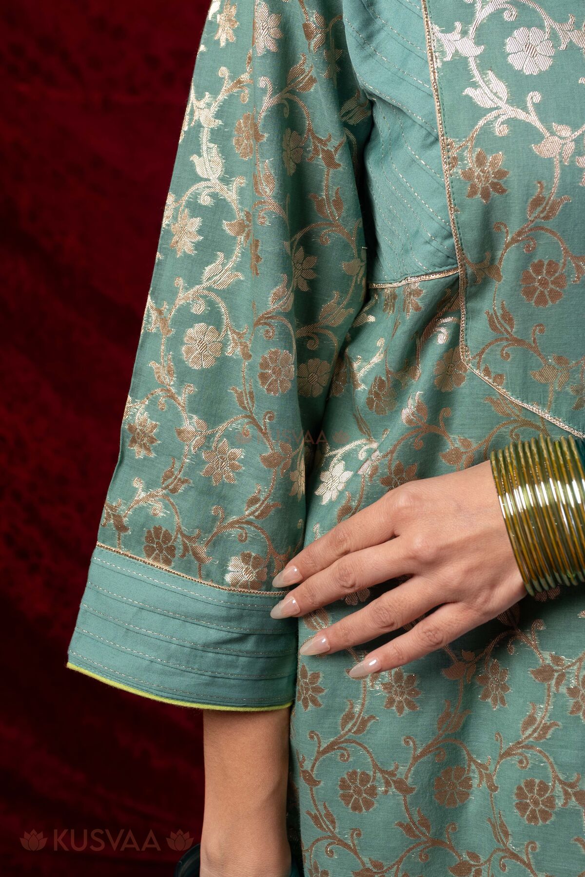 Image for Kusvaa Wkr434 Kashvi Chanderi Green Kurta Sleeve