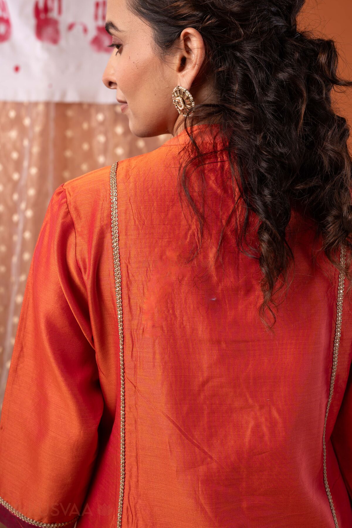 Image for Kusvaa Wkr435 Chintan Chanderi Orange Kurta Back