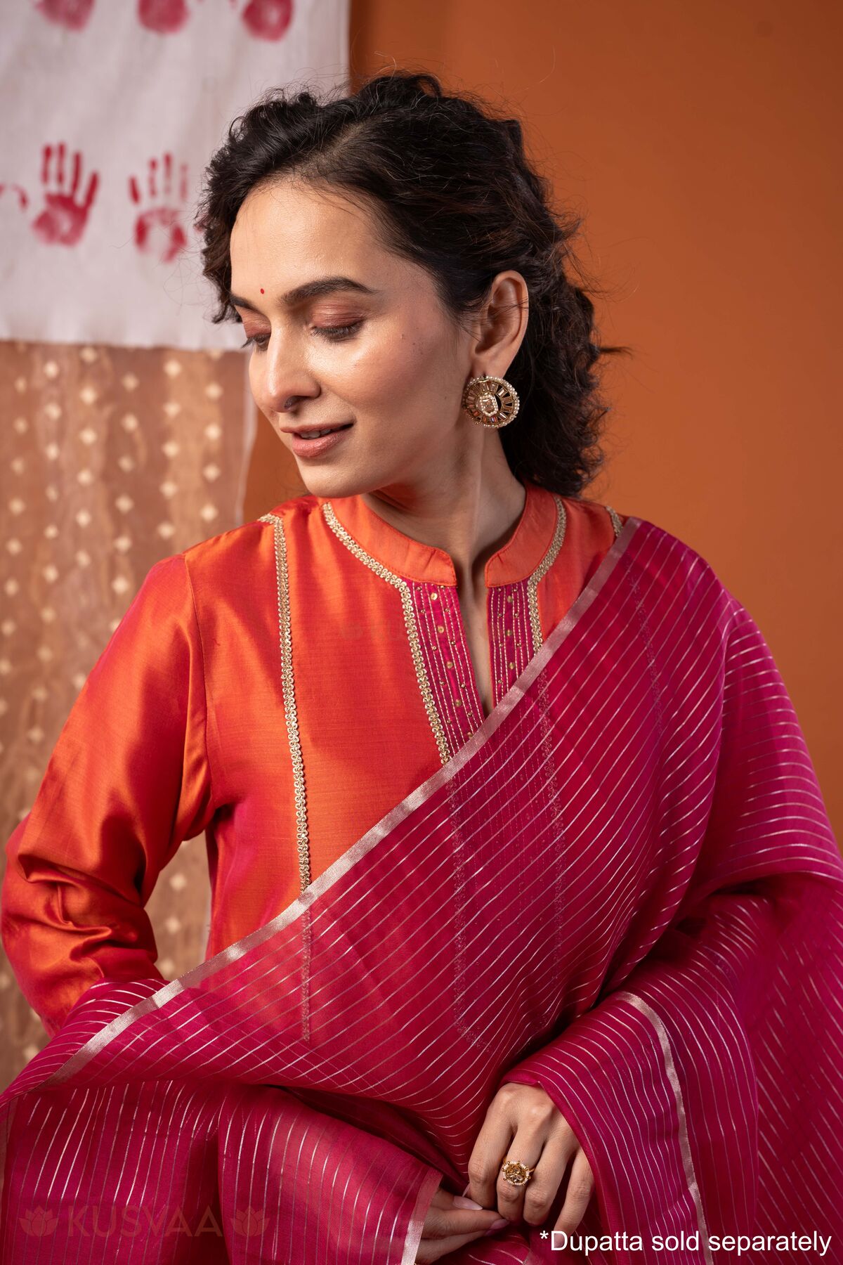 Image for Kusvaa Wkr435 Chintan Chanderi Orange Kurta Dupatta