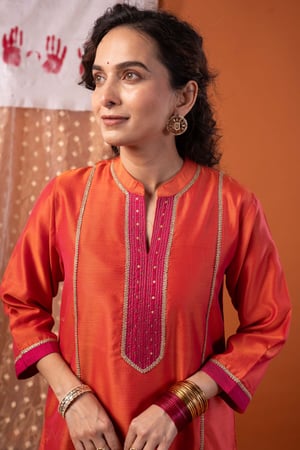 Image for Kusvaa Wkr435 Chintan Chanderi Orange Kurta Featured