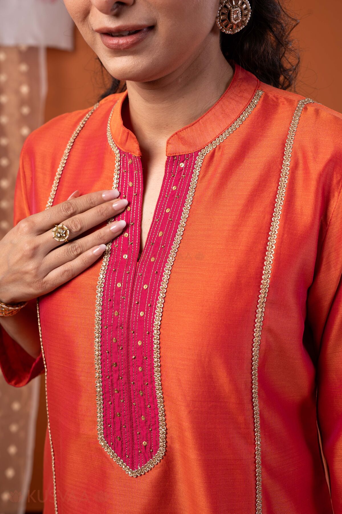 Image for Kusvaa Wkr435 Chintan Chanderi Orange Kurta Nack