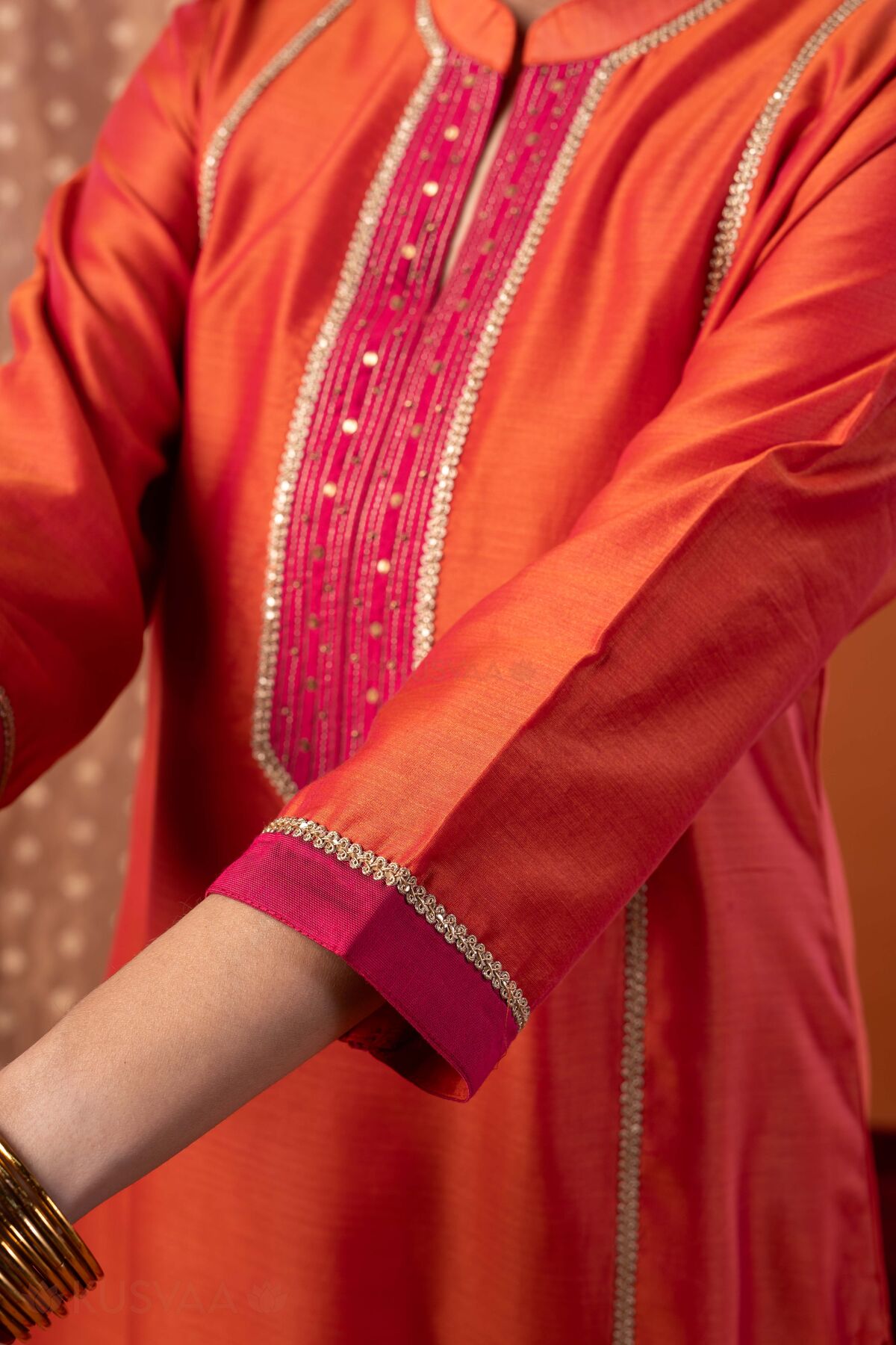 Image for Kusvaa Wkr435 Chintan Chanderi Orange Kurta Sleeve