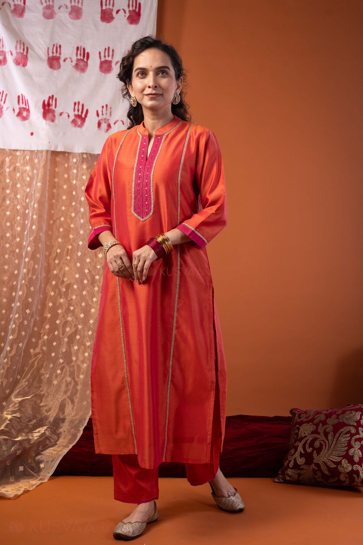 Image for Kusvaa Wkr435 Chintan Chanderi Orange Kurta Walking