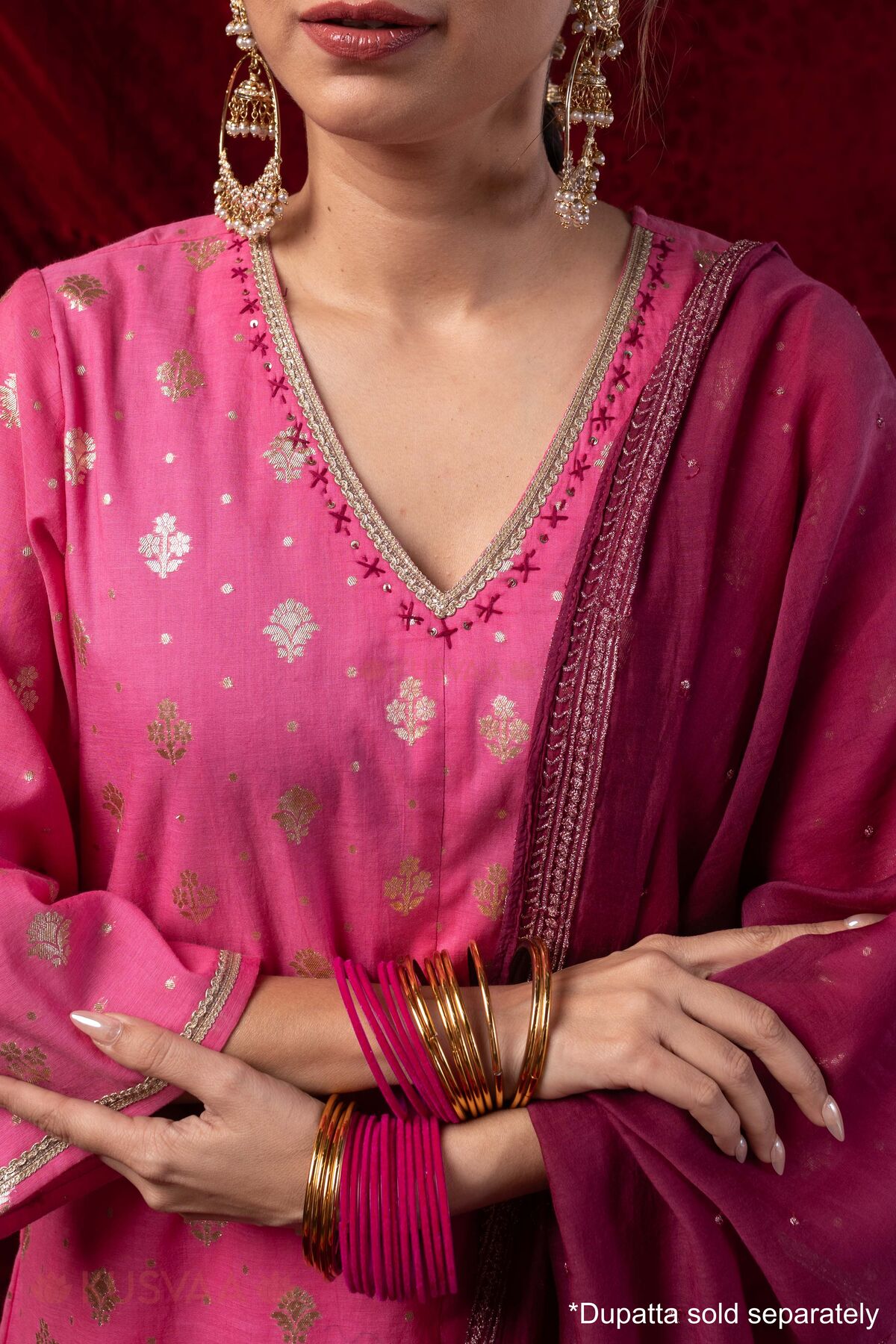 Image for Kusvaa Wkr436 Gita Chanderi Pink Kurta Closeup