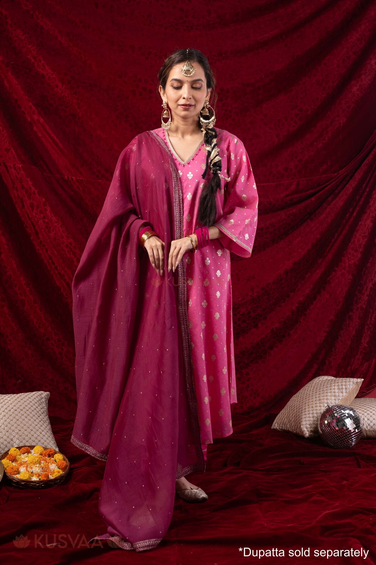 Image for Kusvaa Wkr436 Gita Chanderi Pink Kurta Dupatta