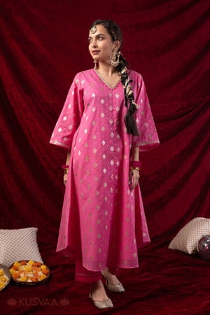 Image for Kusvaa Wkr436 Gita Chanderi Pink Kurta Side