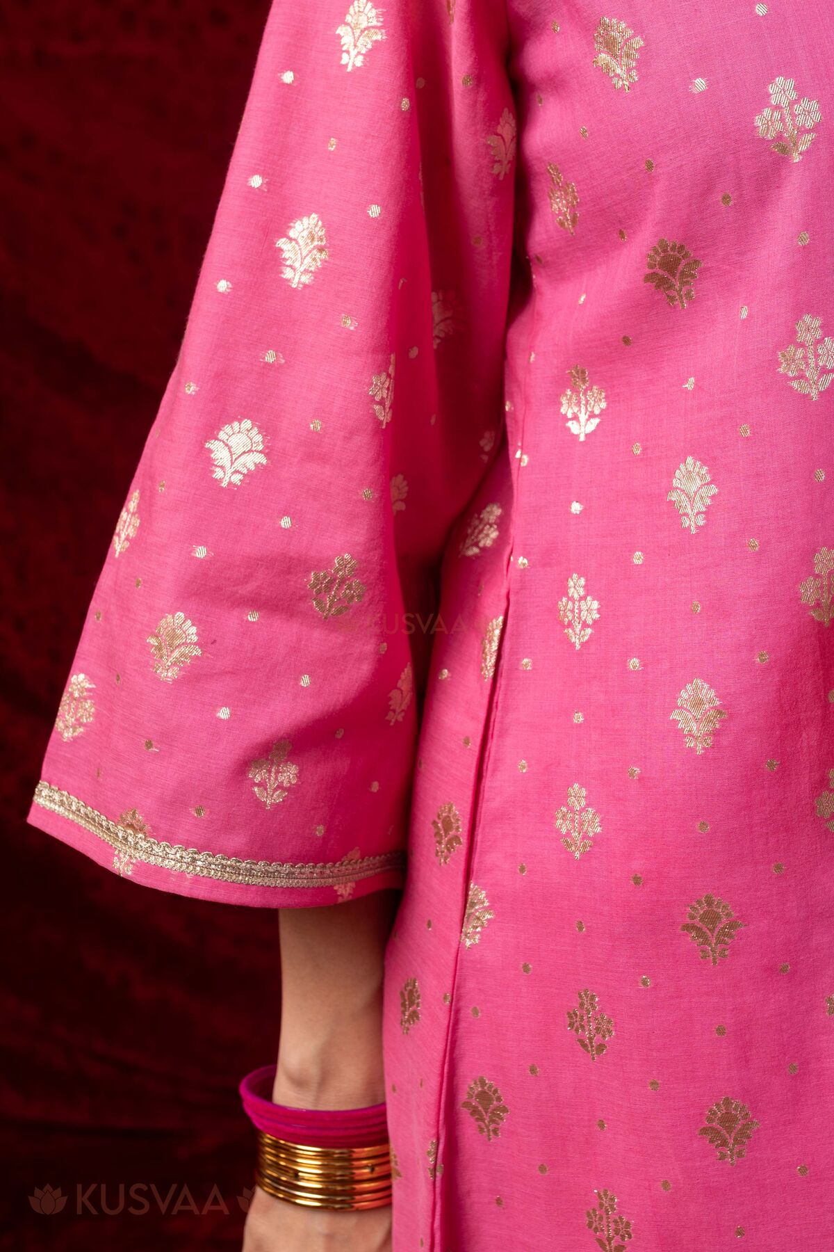Image for Kusvaa Wkr436 Gita Chanderi Pink Kurta Sleeves