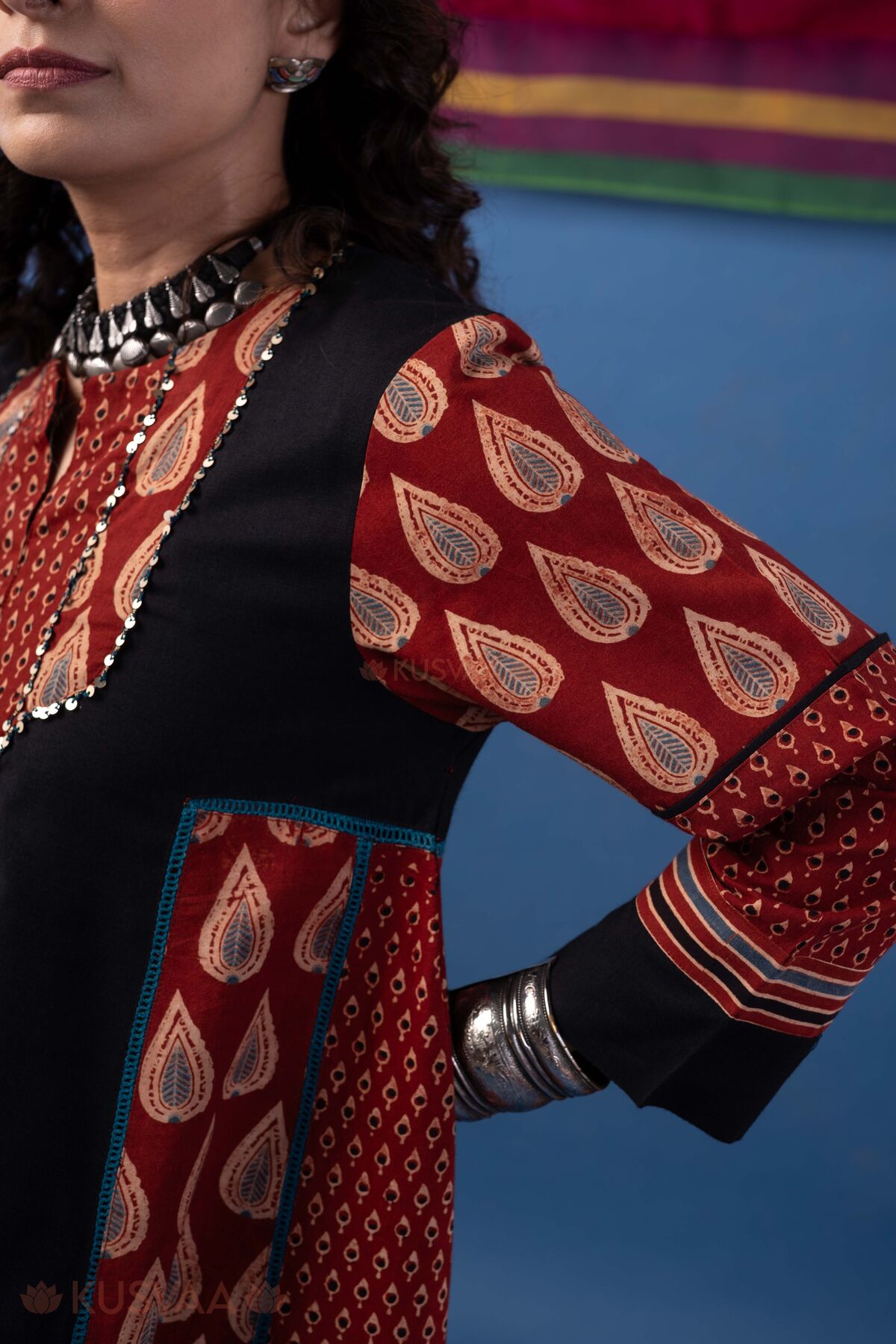 Image for Kusvaa Wkr441 Navami Cottton Maroon Kurta Close