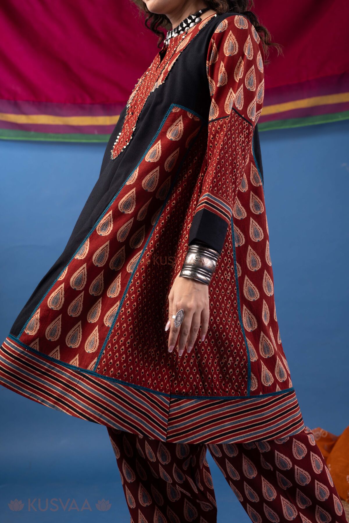Image for Kusvaa Wkr441 Navami Cottton Maroon Kurta Detailingc