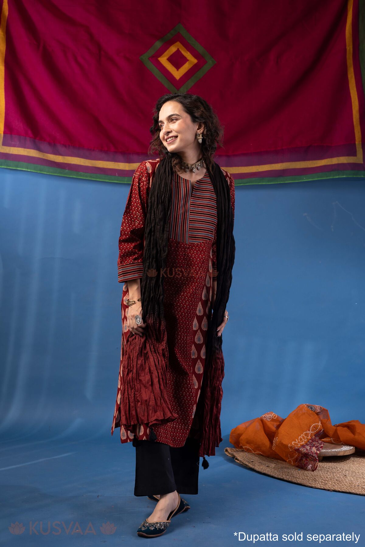 Image for Kusvaa Wkr442 Neha Cottton Maroon Kurta Full