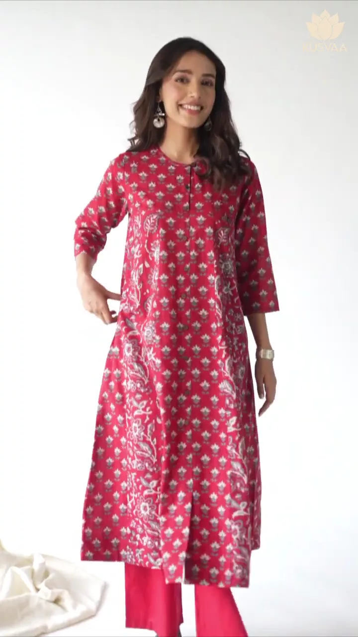 Jaina Handblock Kalidaar Cotton Red Kurta