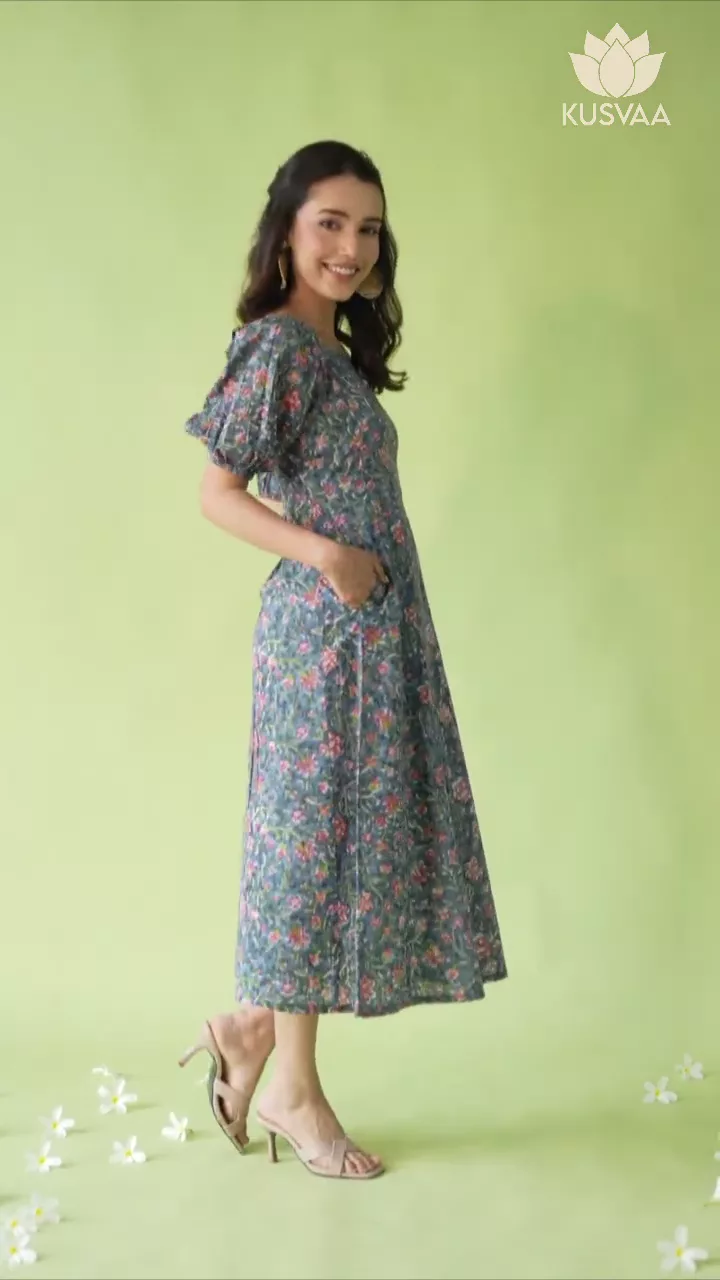 Kalindi Handblock Cotton Grey Dress